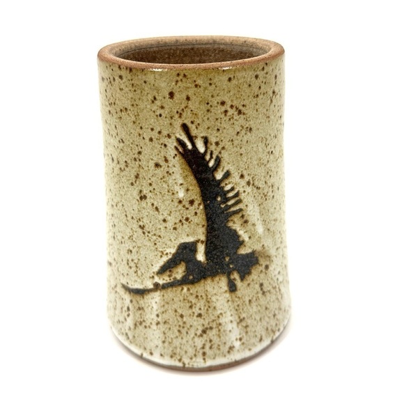 Signed Pterodactyl Art Pottery Vase Cylinder Dinosaur Bird Speckle Glaze - Picture 10 of 10